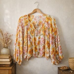 NWT Rose + Olive Pleated Floral Blouse Size L Yellow Boho Flowy